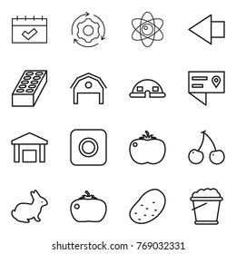 Thin line icon set : calendar, around gear, atom, left arrow, brick, barn, dome house, location details, warehouse, ring button, tomato, cherry, rabbit, potato, foam bucket