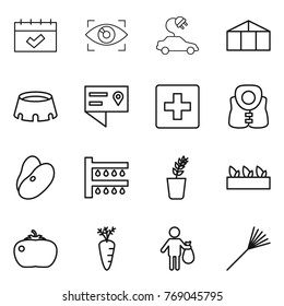 Thin line icon set : calendar, eye identity, electric car, greenhouse, stadium, location details, first aid, life vest, beans, watering, seedling, tomato, carrot, trash, rake