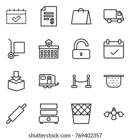 Thin line icon set : calendar, account balance, shopping bag, delivery, cargo stoller, university, unlock, terms, package, trailer, vip fence, colander, rolling pin, double boiler, trash bin