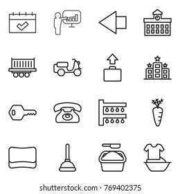Thin line icon set : calendar, presentation, left arrow, university, truck shipping, scooter, baggage, hotel, key, phone, watering, carrot, sponge, plunger, washing powder, handle