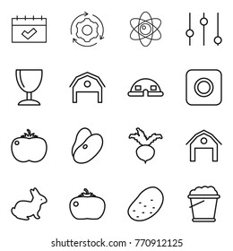 Thin line icon set : calendar, around gear, atom, equalizer, wineglass, barn, dome house, ring button, tomato, beans, beet, rabbit, potato, foam bucket