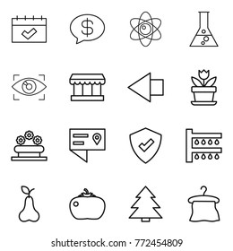 Thin line icon set : calendar, money message, atom, flask, eye identity, market, left arrow, flower, bed, location details, protected, watering, pear, tomato, spruce, hanger