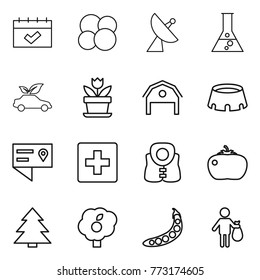 Thin line icon set : calendar, atom core, satellite antenna, flask, eco car, flower, barn, stadium, location details, first aid, life vest, tomato, spruce, garden, peas, trash