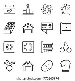 Thin line icon set : calendar, pedestal, atom, table lamp, brick, barn, location details, important flag, ring button, watering, cherry, beet, potato, foam bucket