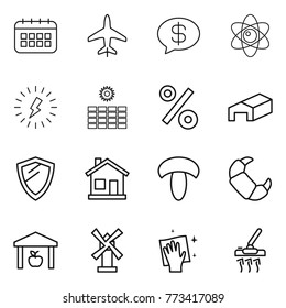 Thin line icon set : calendar, plane, money message, atom, lightning, sun power, percent, warehouse, shield, home, mushroom, croissant, windmill, wiping, vacuum cleaner