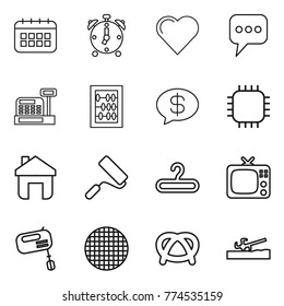 Thin line icon set : calendar, alarm clock, heart, message, cashbox, abacus, money, chip, home, repair, hanger, tv, mixer, sieve, pretzel, soil cutter