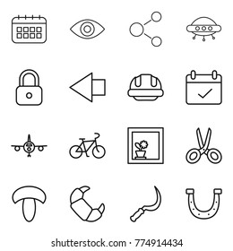 Thin line icon set : calendar, eye, molecule, ufo, lock, left arrow, building helmet, terms, plane, bike, flower in window, scissors, mushroom, croissant, sickle, horseshoe