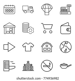 Thin line icon set : calendar, truck, parachute, cashbox, warehouse, virtual mining, cart, wallet, right arrow, t shirt, house, earth, hotel, no smoking, pan