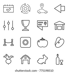 Thin line icon set : calendar, around gear, car pointer, left arrow, equalizer, wineglass, location details, warehouse, vip fence, ring button, tomato, beans, beet, barn, rabbit, wine