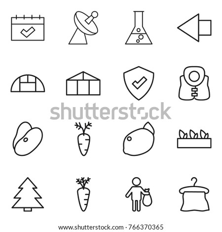 Thin line icon set : calendar, satellite antenna, flask, left arrow, greenhouse, protected, life vest, beans, carrot, lemon, seedling, spruce, trash, hanger