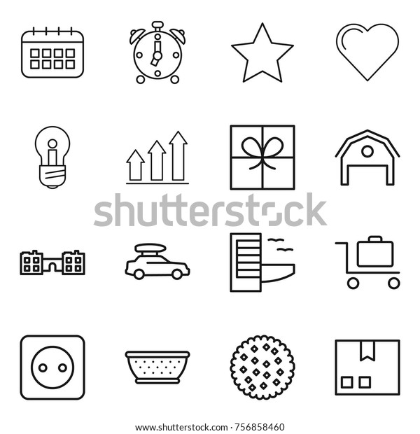 Thin line icon set : calendar,\
alarm clock, star, heart, bulb, graph up, gift, barn, school, car\
baggage, hotel, trolley, power socket, colander, cookies,\
package