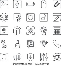 Thin Line Icon Set - call vector, mobile camera, gallery, protect, settings, tuning, themes, calculator, notes, data exchange, download, wireless, place tag, face id, eye, fingerprint, music, photo