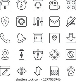 Thin Line Icon Set - call vector, mobile camera, protect, settings, tuning, alarm, bell, mail, record, scanner, sim, notes, data exchange, download, mute, place tag, compass, lock, eye id, video