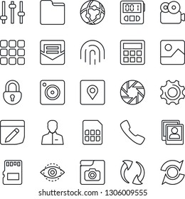 Thin Line Icon Set - call vector, menu, update, mobile camera, gallery, settings, tuning, user, calculator, stopwatch, mail, sd, sim, network, folder, notes, place tag, lock, eye id, fingerprint