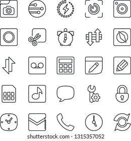 Thin Line Icon Set - call vector, message, mobile camera, calculator, clock, alarm, mail, record, sim, network, notes, data exchange, cut, compass, lock, eye id, music, photo gallery, charge, update