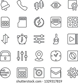 Thin Line Icon Set - call vector, mobile camera, tuning, themes, calculator, clock, alarm, bell, mail, sd, sim, network, data exchange, place tag, compass, lock, eye id, video, charge, application