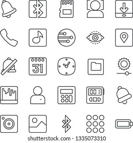 Thin Line Icon Set - call vector, menu, mobile camera, gallery, user, calculator, clock, stopwatch, bell, scanner, sd, network, folder, calendar, download, mute, brightness, bluetooth, place tag