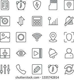 Thin Line Icon Set - call vector, mobile camera, gallery, protect, tuning, user, calculator, alarm, bell, record, sd, sim, notes, data exchange, download, wireless, mute, place tag, face id, eye