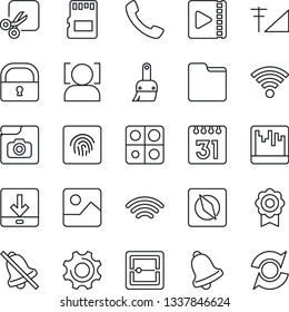 Thin Line Icon Set - call vector, gallery, settings, themes, bell, scanner, sd, folder, calendar, download, wireless, mute, cut, compass, lock, face id, fingerprint, video, photo, cellular signal