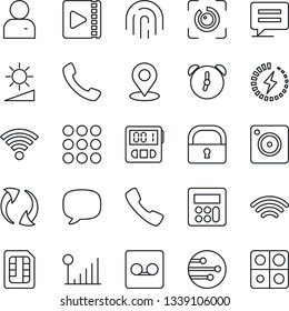 Thin Line Icon Set - call vector, menu, message, update, mobile camera, user, calculator, alarm, stopwatch, record, sim, network, wireless, brightness, place tag, lock, eye id, fingerprint, video