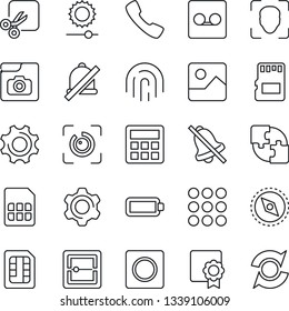 Thin Line Icon Set - call vector, menu, gallery, settings, calculator, record, scanner, sd, sim, mute, brightness, cut, compass, face id, eye, fingerprint, photo, battery, application, sertificate