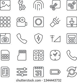 Thin Line Icon Set - call vector, menu, gallery, protect, tuning, calculator, clock, record, sd, sim, calendar, download, torch, cut, fingerprint id, video, photo, cellular signal, battery, update