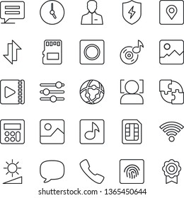 Thin Line Icon Set - call vector, message, gallery, protect, tuning, user, calculator, clock, record, sd, sim, network, data exchange, wireless, brightness, place tag, face id, fingerprint, music