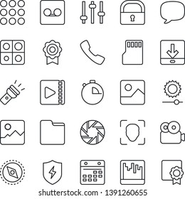 Thin Line Icon Set - call vector, menu, message, mobile camera, gallery, protect, tuning, stopwatch, record, scanner, sd, folder, calendar, download, torch, brightness, compass, lock, face id, video