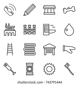 thin line icon set : call, pencil, market, bone, factory, palace, hotel, drop, stairs, towels, garage, cook glove, blender, pasta, sun, tooth brush