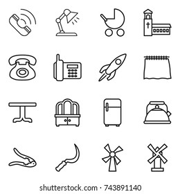 thin line icon set : call, table lamp, baby stroller, church, phone, rocket, curtain, dresser, fridge, kettle, walnut crack, sickle, windmill