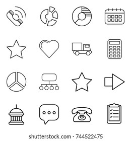 thin line icon set : call, circle diagram, calendar, star, heart, truck, calculator, structure, right arrow, goverment house, sms, phone, clipboard list