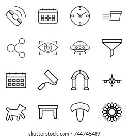 thin line icon set : call, calendar, clock, delivery, molecule, eye identity, ufo, funnel, repair, arch, plane, dog, table, mushroom, flower