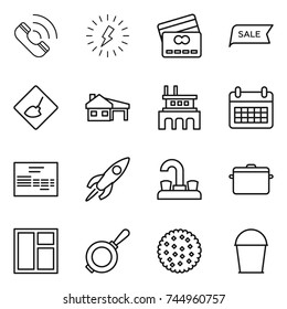 thin line icon set : call, lightning, credit card, sale, under construction, house with garage, factory, calendar, invoice, rocket, water tap, pan, window, cookies, bucket