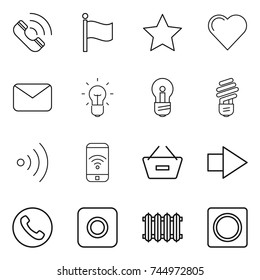 thin line icon set : call, flag, star, heart, mail, bulb, wireless, phone, remove from basket, right arrow, ring button, radiator