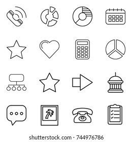 thin line icon set : call, circle diagram, calendar, star, heart, calculator, structure, right arrow, goverment house, sms, photo, phone, clipboard list