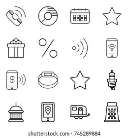 thin line icon set : call, circle diagram, calendar, star, gift, percent, wireless, phone, pay, smart bracelet, spark plug, goverment house, mobile location, trailer, grater