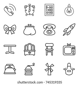thin line icon set : call, alarm clock, abacus, rocket, bow, purse, phone, table, dresser, chair, tv, kettle, hand mill, windmill, apron