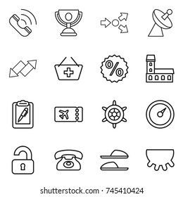 thin line icon set : call, trophy, core splitting, satellite antenna, up down arrow, add to basket, percent, mansion, clipboard pen, ticket, handwheel, barometer, unlocked, phone, slippers, udder