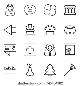 thin line icon set : call center, money message, atom core, market, left arrow, flower, barn, stadium, location details, first aid, life vest, in window, seedling, pear, spruce, rake