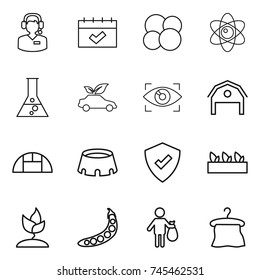 thin line icon set : call center, calendar, atom core, flask, eco car, eye identity, barn, greenhouse, stadium, protected, seedling, sprouting, peas, trash, hanger
