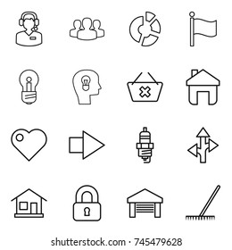 thin line icon set : call center, group, circle diagram, flag, bulb, head, delete cart, home, heart, right arrow, spark plug, route, locked, garage, rake