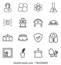 thin line icon set : call center, atom core, flask, eye identity, flower, barn, dome house, greenhouse, stadium, protected, life vest, in window, seedling, hanger, garden cleaning