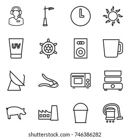 Thin Line Icon Set : Call Center, Outdoor Light, Clock, Sun, Uv Cream, Handwheel, Speaker, Cup, Satellite Antenna, Walnut Crack, Grill Oven, Double Boiler, Pig, Factory, Bucket, Vacuum Cleaner