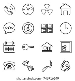 thin line icon set : call, clock, nuclear, home, balloon, info, panel house, calendar, key, flower in window, phone, pets, sickle, microb