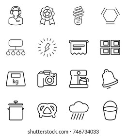 thin line icon set : call center, medal, bulb, hex molecule, structure, lightning, atm receipt, panel house, heavy, camera, coffee maker, bell, pan, pretzel, rain cloud, bucket