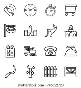 thin line icon set : call, clock, stopwatch, delivery, shop signboard, castle, greate wall, fort, arch window, train, phone, kettle, sickle, windmill, fence, farm