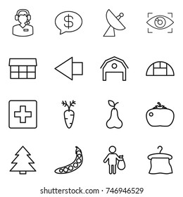 thin line icon set : call center, money message, satellite antenna, eye identity, market, left arrow, barn, greenhouse, first aid, carrot, pear, tomato, spruce, peas, trash, hanger