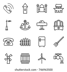 thin line icon set : call, tower, minaret, japanese house, outdoor light, anchor, restaurant, dresser, phone, fence, fridge, fork, windmill, barrel, water tap