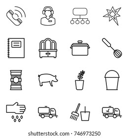 thin line icon set : call, center, structure, bang, copybook, dresser, pan, whisk, pasta, pig, seedling, bucket, sow, sweeper, and broom, home cleaning