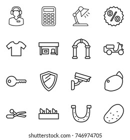 thin line icon set : call center, calculator, table lamp, percent, t shirt, gas station, arch, scooter shipping, key, shield, surveillance camera, lemon, scissors, seedling, horseshoe, potato